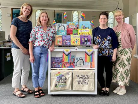 “Read with Pride” at Buncrana, Carndonagh and Moville Libraries: Pictured L to R Jen McCarron, Inishowen Pride; Belinda Glackin, Donegal Library Service; Sinead McLaughlin, Donegal Library Service and Myra McAuliffe, Changemakers Donegal. 
